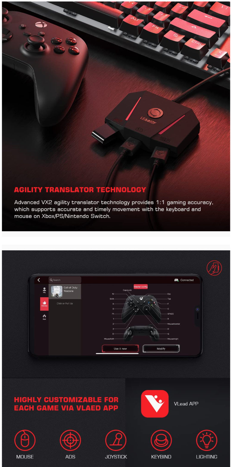 Brand-LeadJoy VX2 AimBox Game Console Mouse and Keyboard Converter Compatible with PS4,PS5,Xbox Series X/S, Xbox One, Nintendo Switch, MnK Adapter with 3.5mm Audio Function for Shooter Games