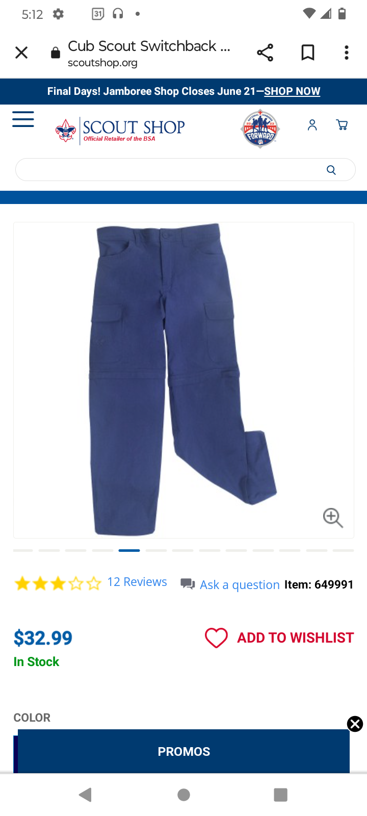 New Official Boys Of America Cub Scouts Uniform In Navy Blue Medium Shirt,Pants Reversible Shorts w/ 54" Official BSA Wolf Pack Logo Cut-To-Fit Belt