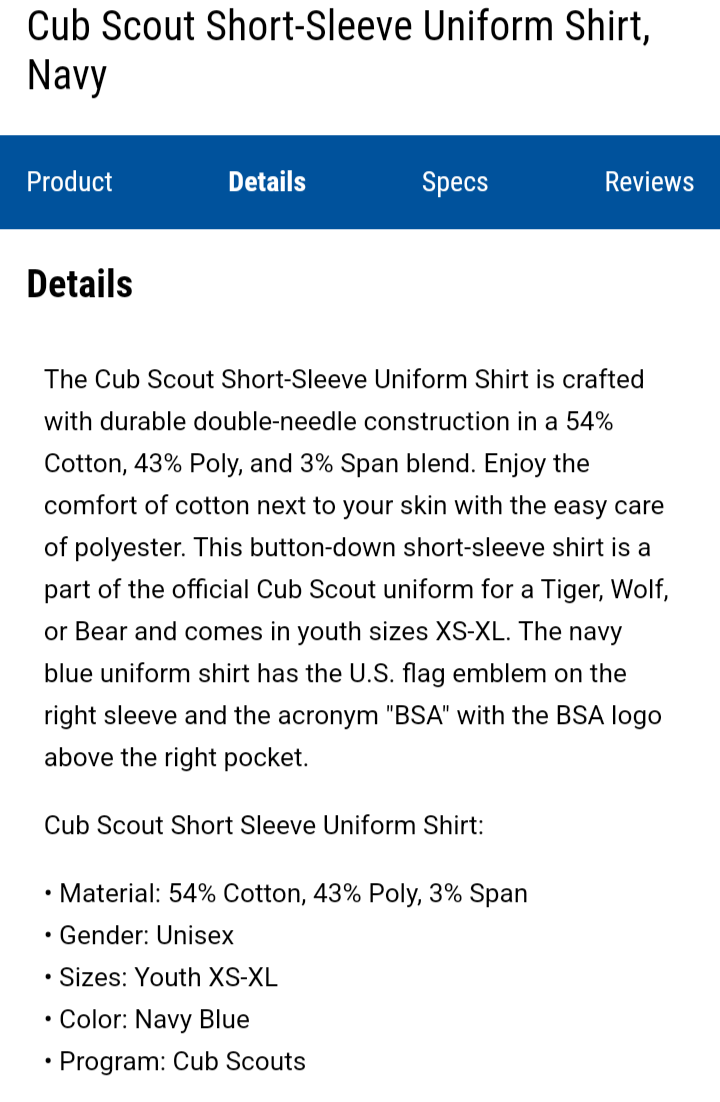 New Official Boys Of America Cub Scouts Uniform In Navy Blue Medium Shirt,Pants Reversible Shorts w/ 54" Official BSA Wolf Pack Logo Cut-To-Fit Belt